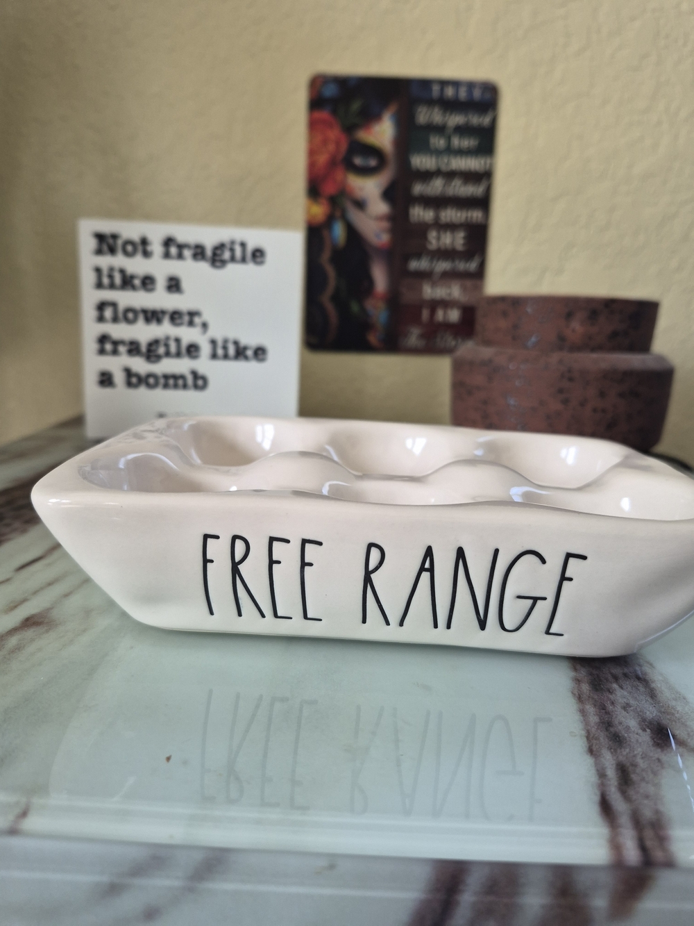 Rae Dunn Cream Ceramic Egg Holder with Black Lettering